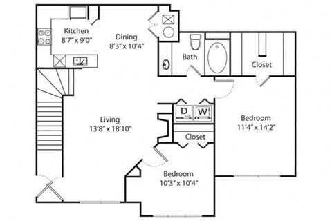 Floor plan for 2 beds, 1 bath, 976 sqft